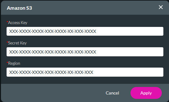 Enter amazon s3 keys 