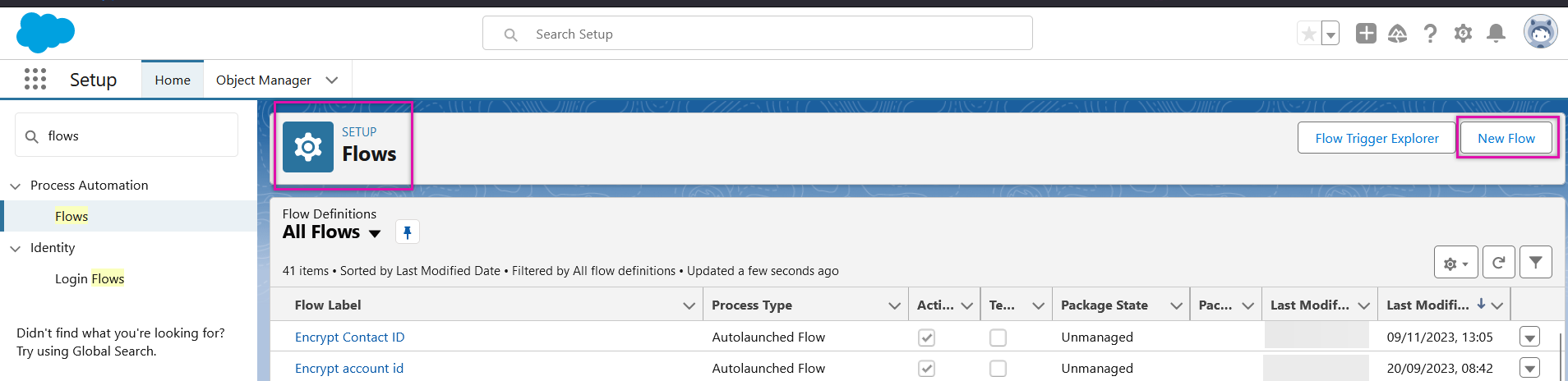 Flow setup screen 