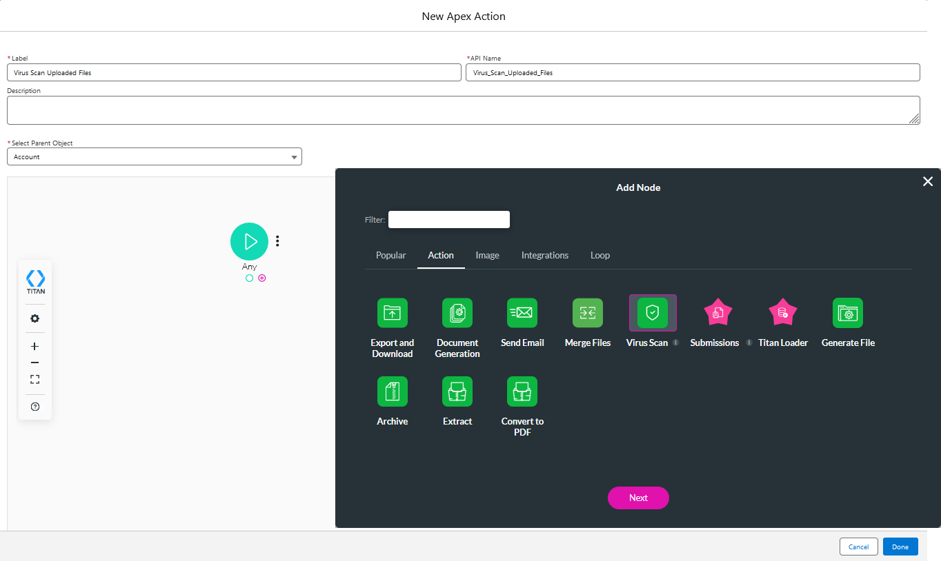 add node screen with virus scan selected 