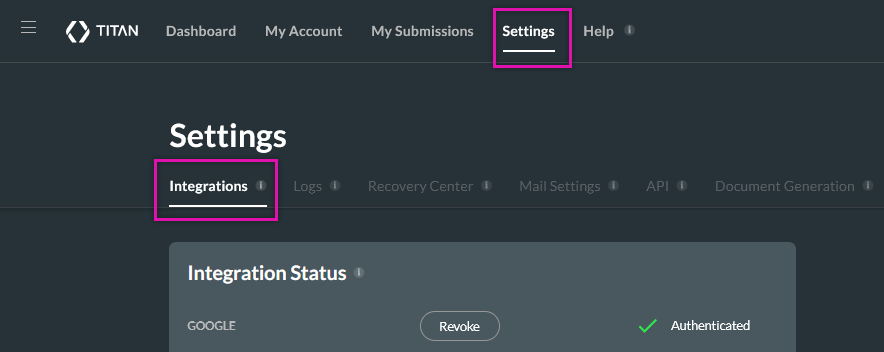 Integrations tab under the Settings 