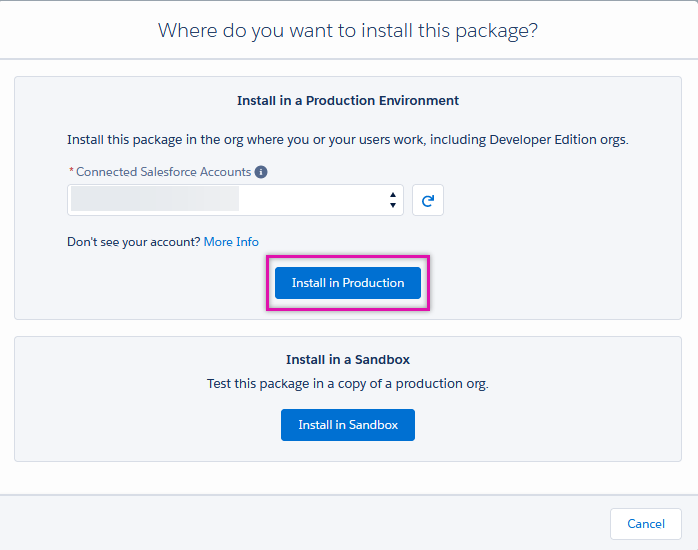 Install in production button highlighted 