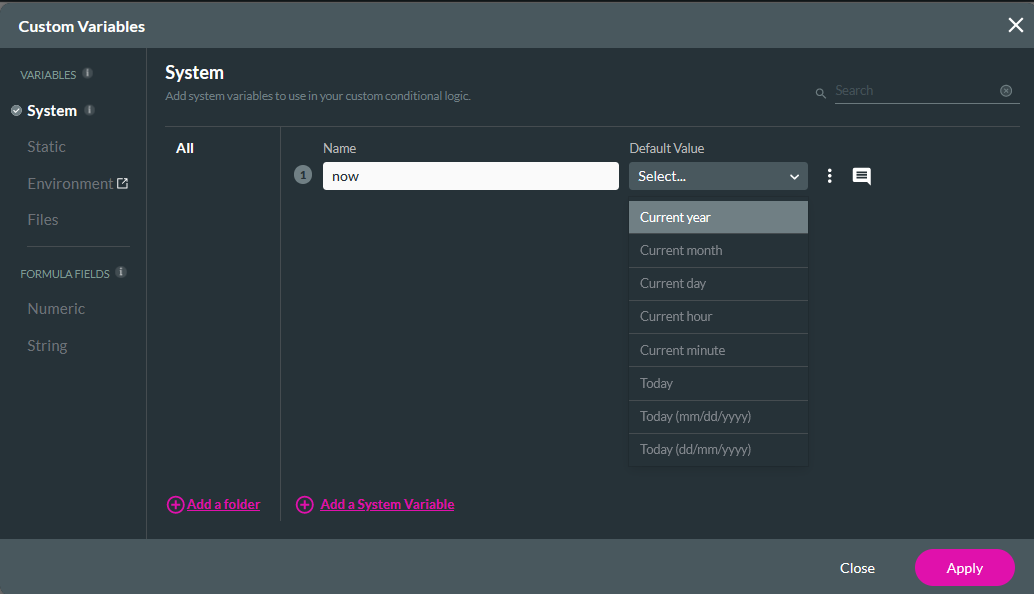 system variables tab 