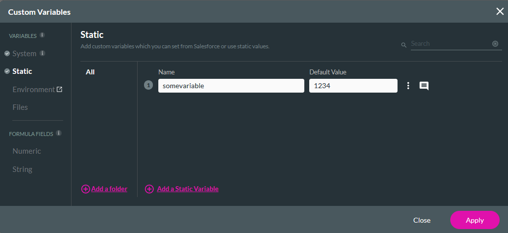 Static custom variables window 