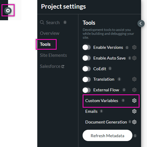 Screenshot displaying where the custom variables are located 