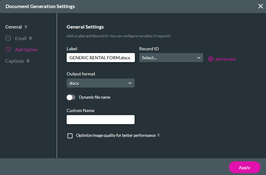 document generation settings window 