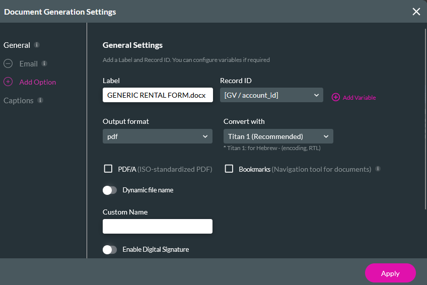 document generation settings window