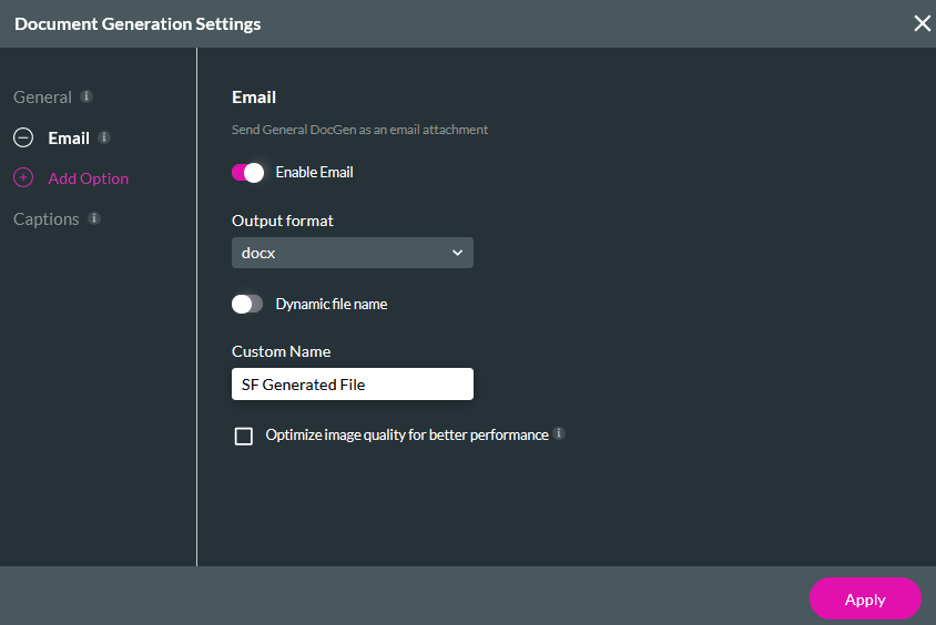 document generation settings window 