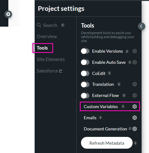 custom variables listed under the tools tab 