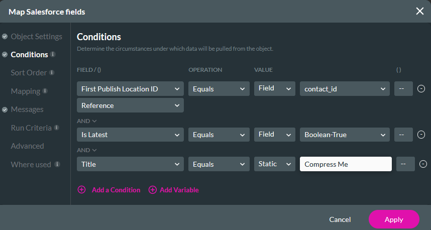 Map Salesforce Fields Conditions tab 