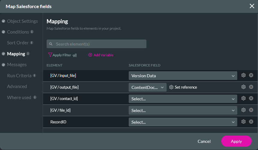 map Salesforce fields > mapping tab 