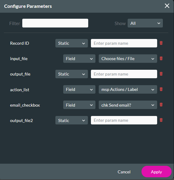 Configure parameters window 