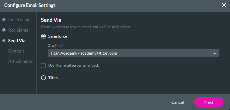 Configure email settings window showing send via tab 