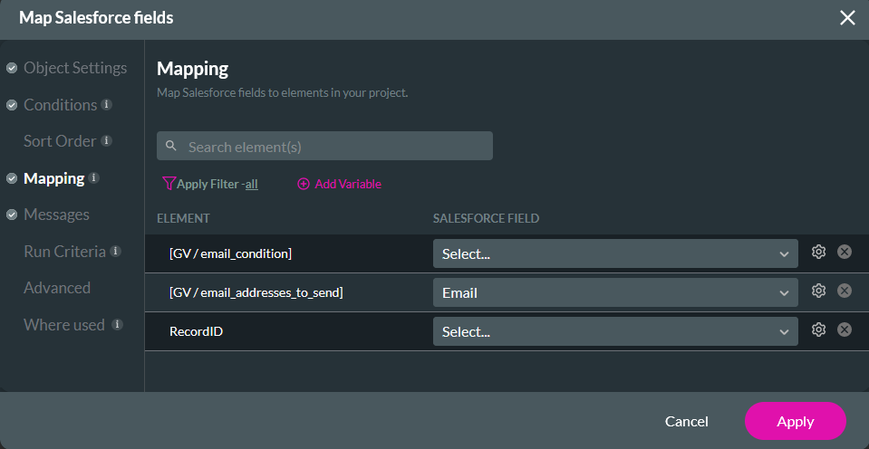 Map Salesforce fields window showing the mapping tab 