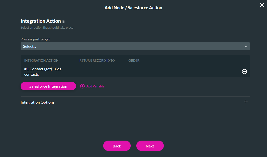 Add Node / Salesforce Action window showing selected node 