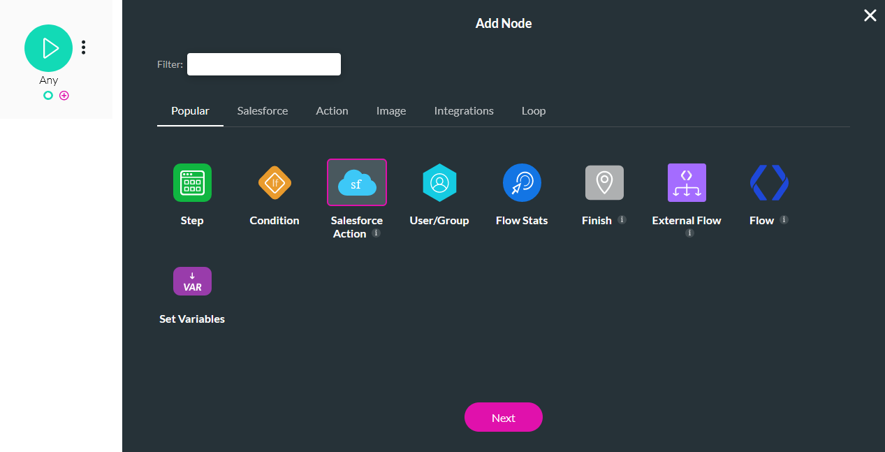 Add Salesforce Action node 
