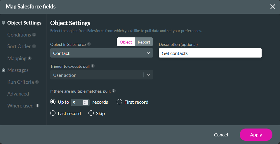 Map Salesforce fields window showing the object settings tab 