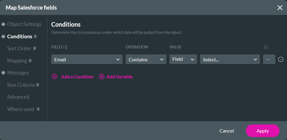 Map Salesforce fields window showing the conditions tab 