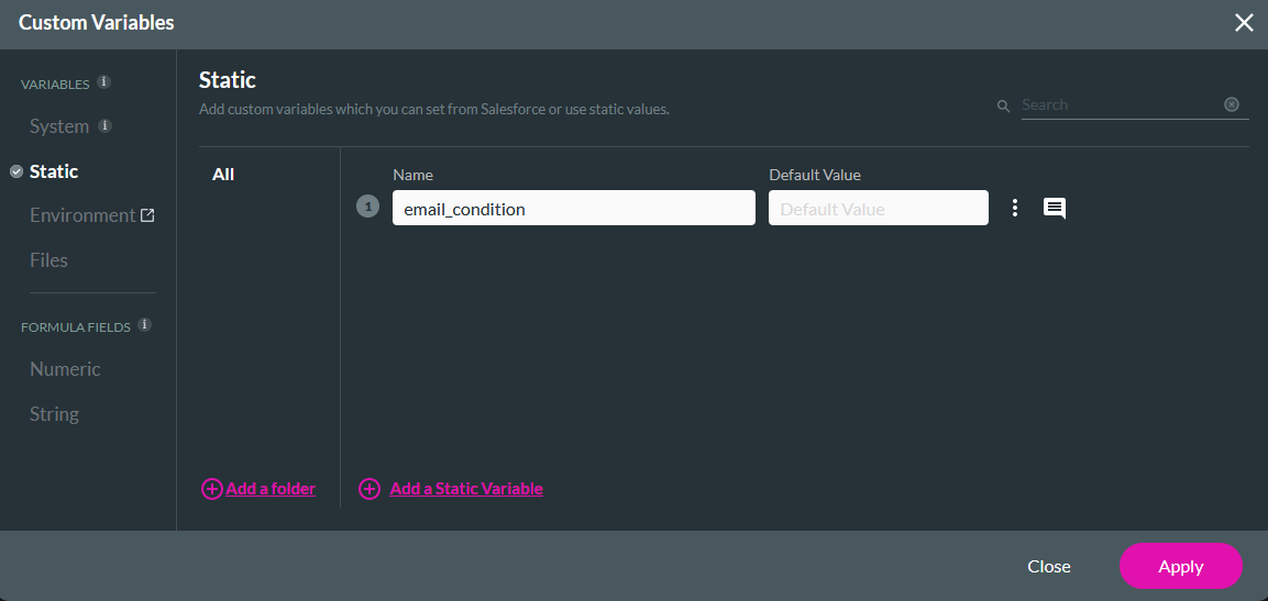 Custom variables window showing static tab 