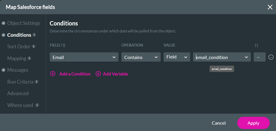 Map Salesforce fields window showing the conditions tab 