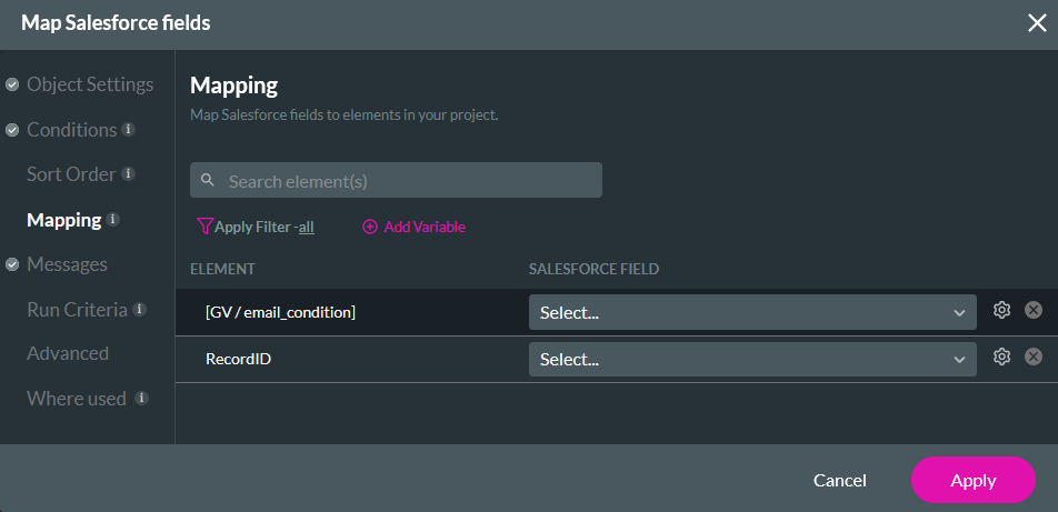 Map Salesforce fields window showing the mapping tab 