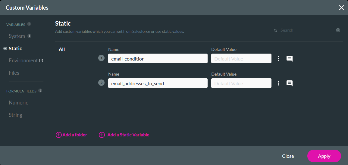 Custom variables window showing the static variables tab 