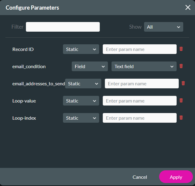 Configure parameters window 