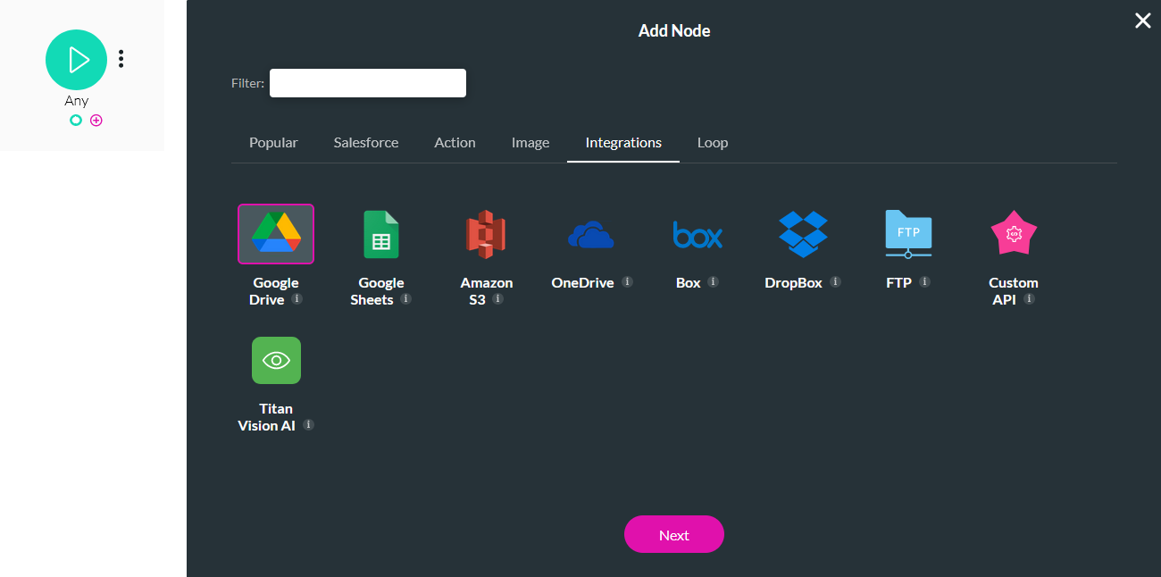 Flow screen showing the selected google drive node 