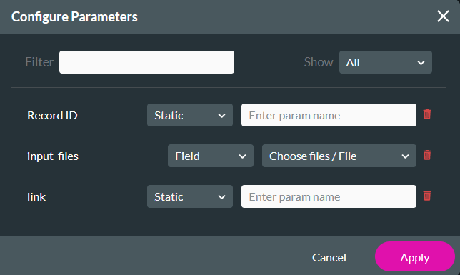 Configure parameters window 