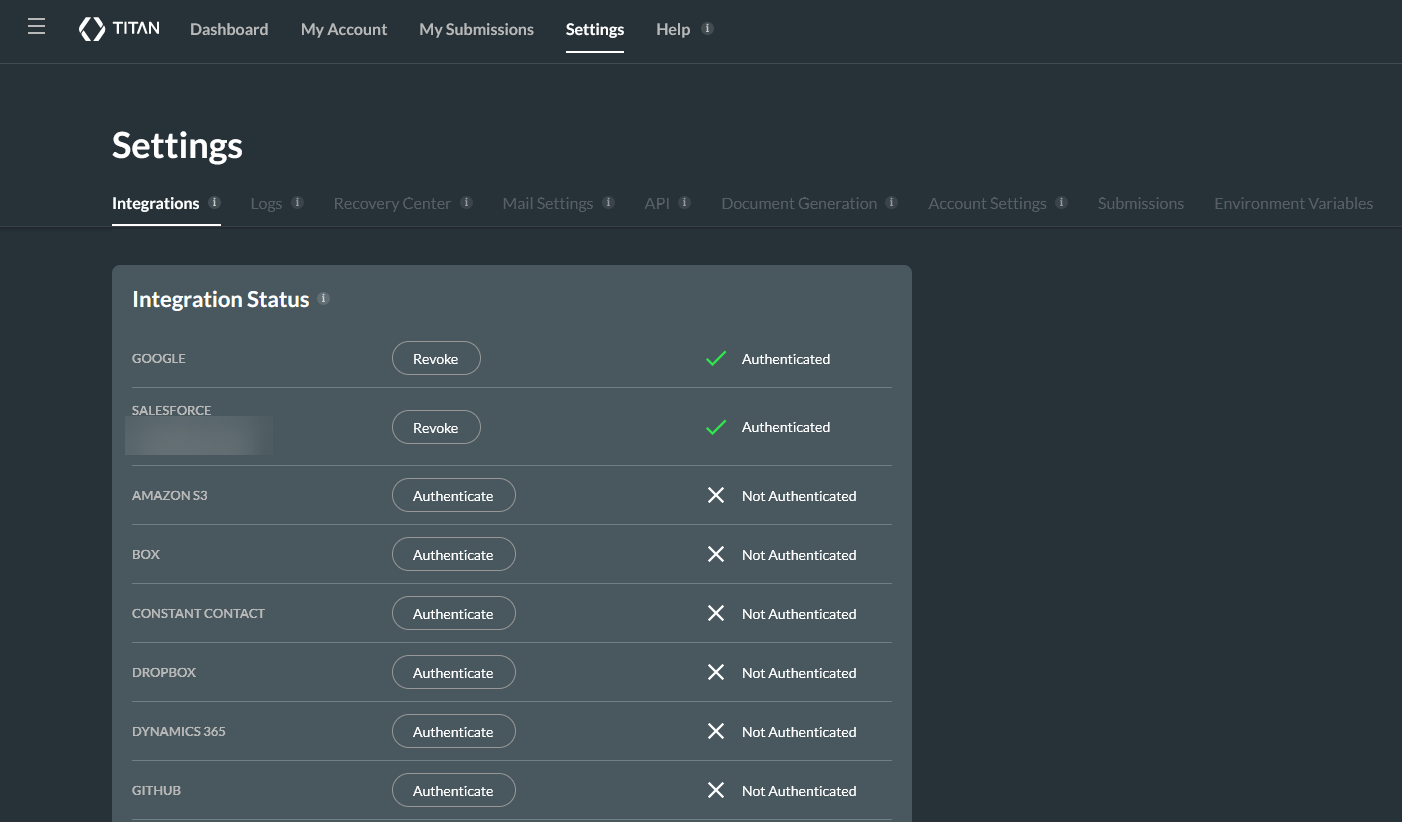 Integration settings located under the Settings tab in the Titan dashboard 