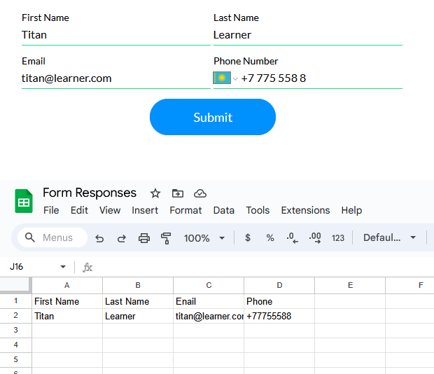 Preview showing how the users details are captured in the google sheet 