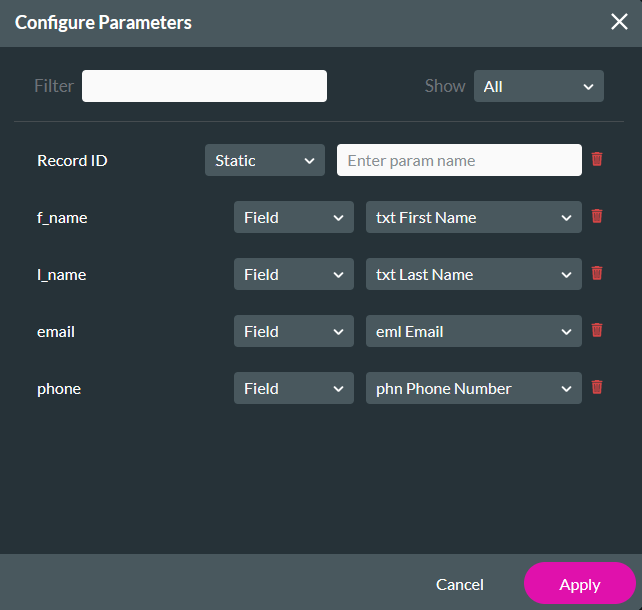 Configure parameters window 