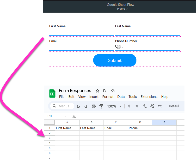 Screenshot showing example project and how details are captured in Google Sheet 