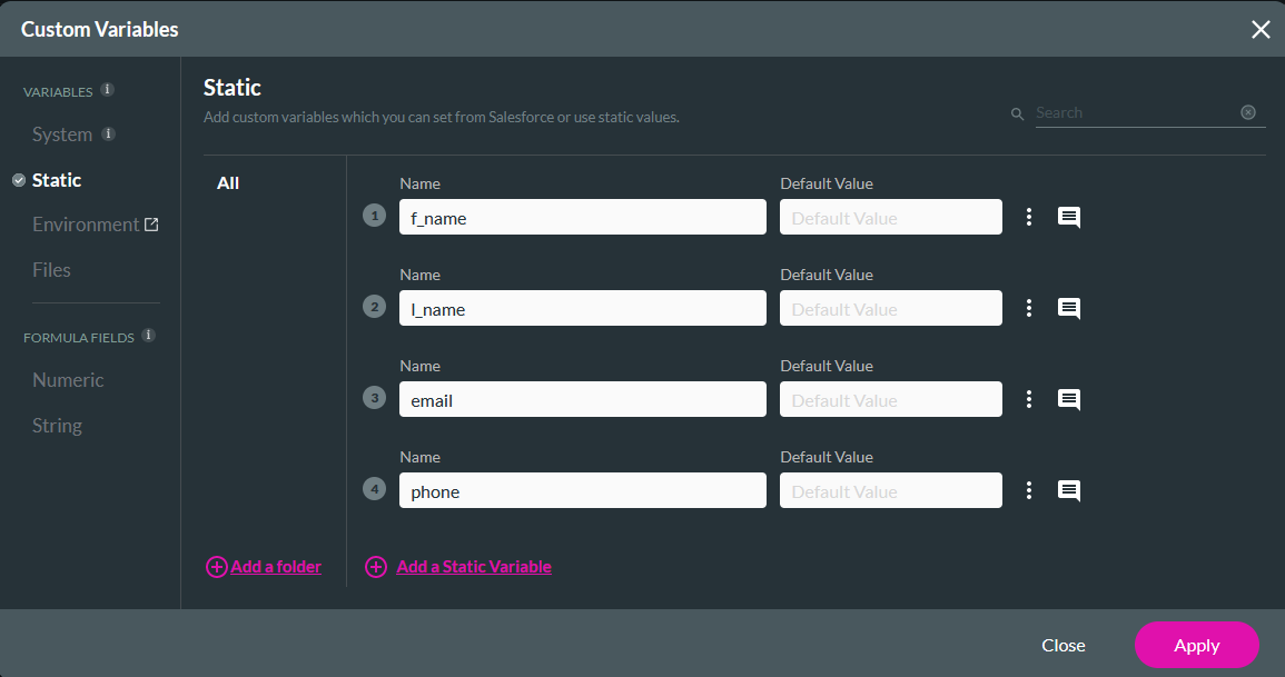 Custom Variables window showing four created static variables 