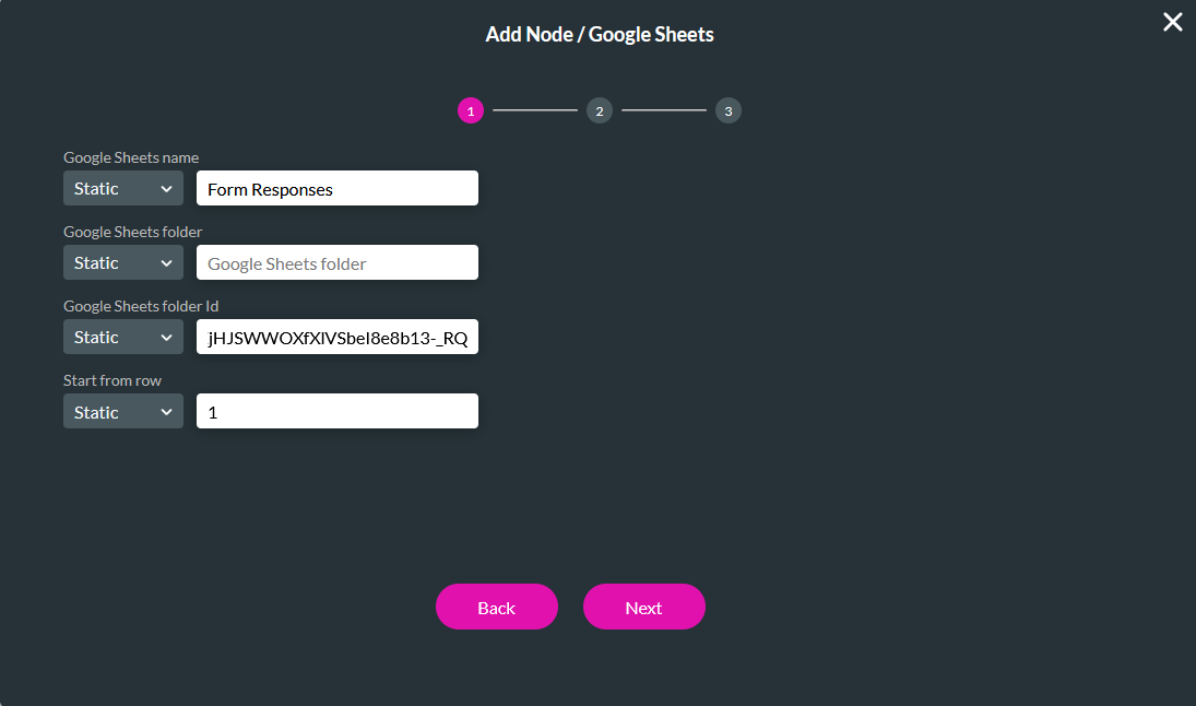 Step 1 of configuring the Google Sheets node 