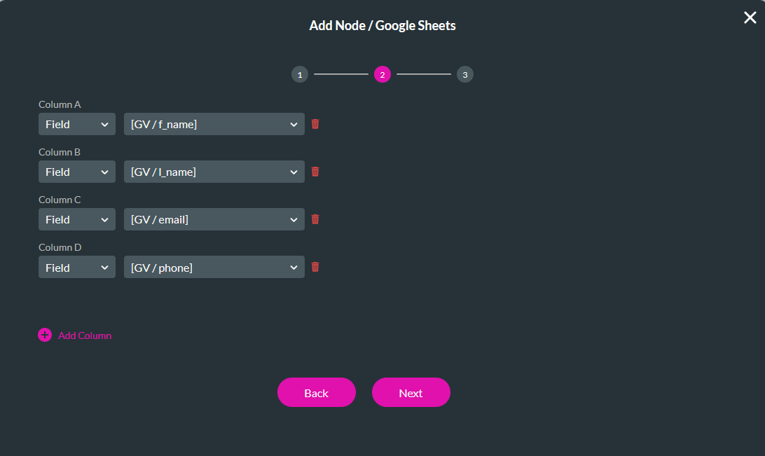 Step 2 of configuring Google Sheets node 