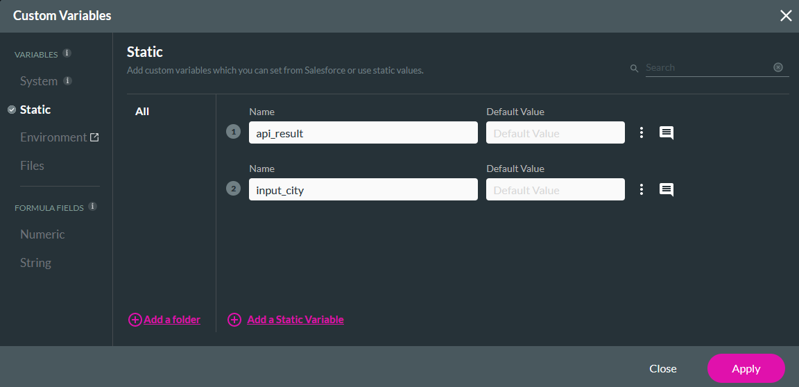 Custom variables window showing the static variables tab 