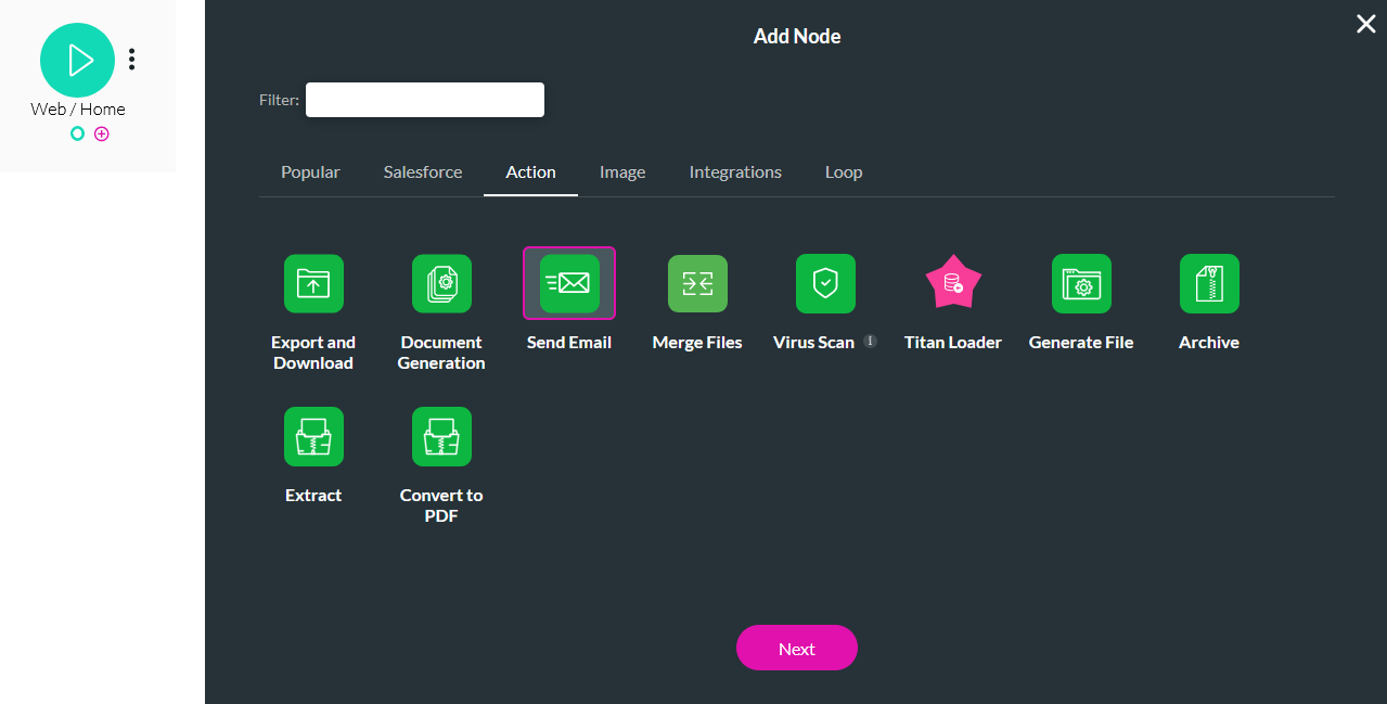 Screenshot of the Start node showing the send email node selected 