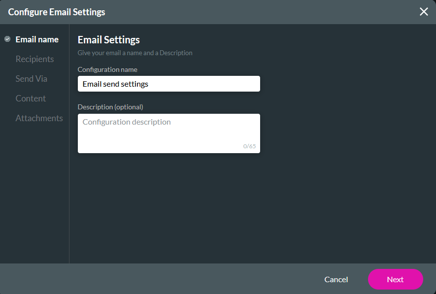 Screenshot of the Configure Email Settings window showing the Email Name tab 