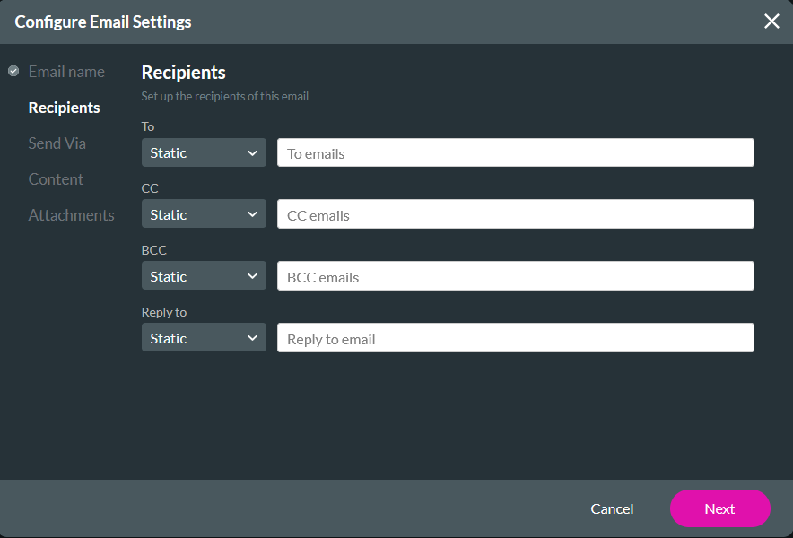 Screenshot of the Configure Email Settings window showing the Recipients tab 