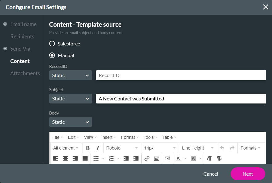 Screenshot of the Configure Email Settings window showing the Content tab 