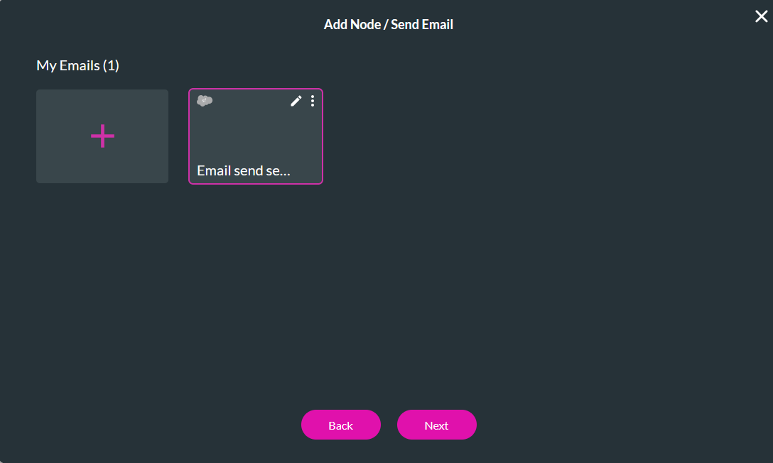 Screenshot of the add node / send email window with the selected configured email 