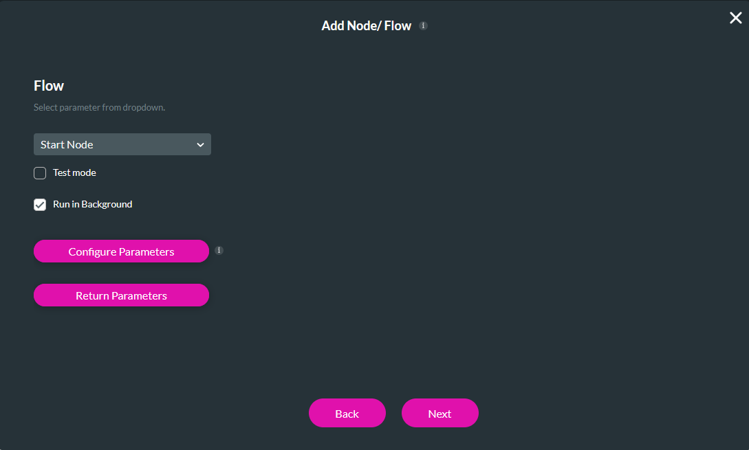 Screenshot of the add node / flow window displaying the selected flow 