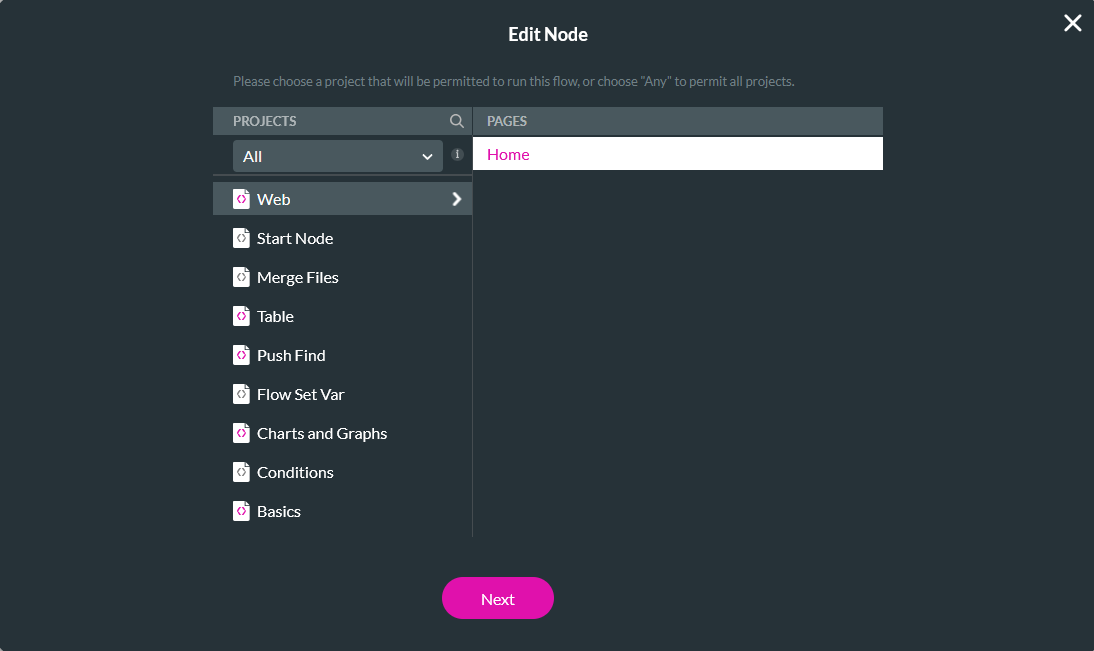 Screenshot of the edit node screen showing how to select a project and corresponding page 