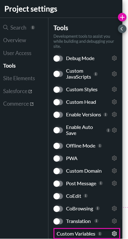 project settings menu showing the tools tab with the custom variables highlighted 