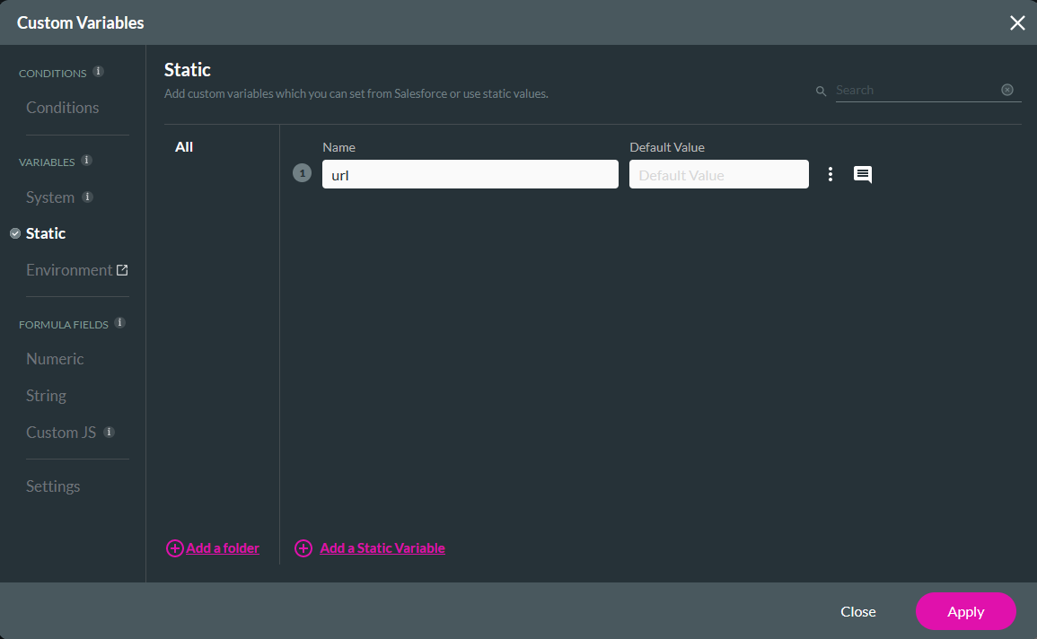 Custom variables window showing the static tab 