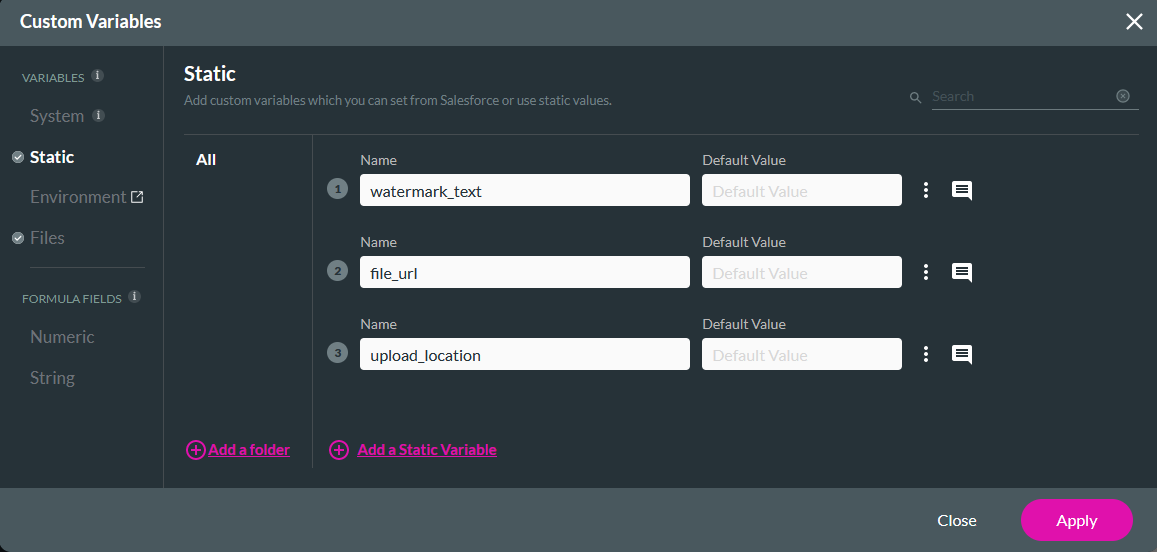 Custom variables window showing the static tab 