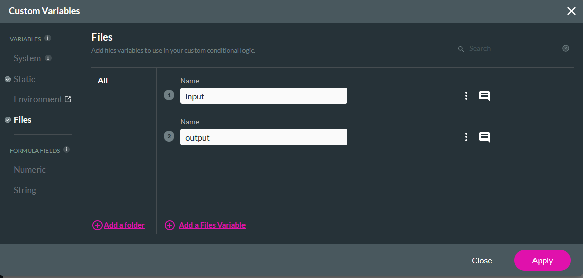 Custom variables window showing the files tab 