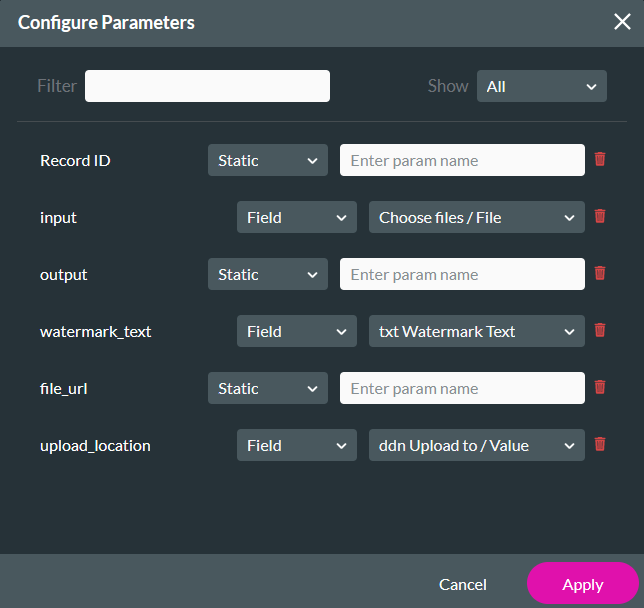 Configure parameters window 