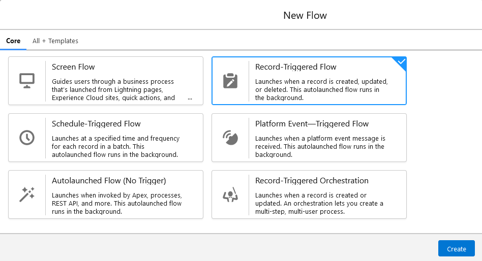 New flow window with Record-Triggered Flow selected 