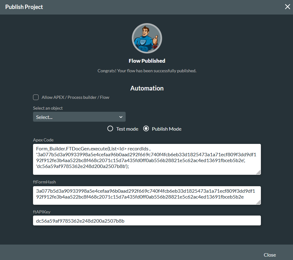 Publish project window showing where to retrieve your hash 